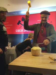 me trying out the Coco-Jack coconut opener (with the inventor there)